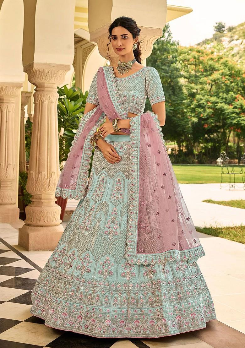 Sea Green Embroidered Poly Blend Lehenga Set