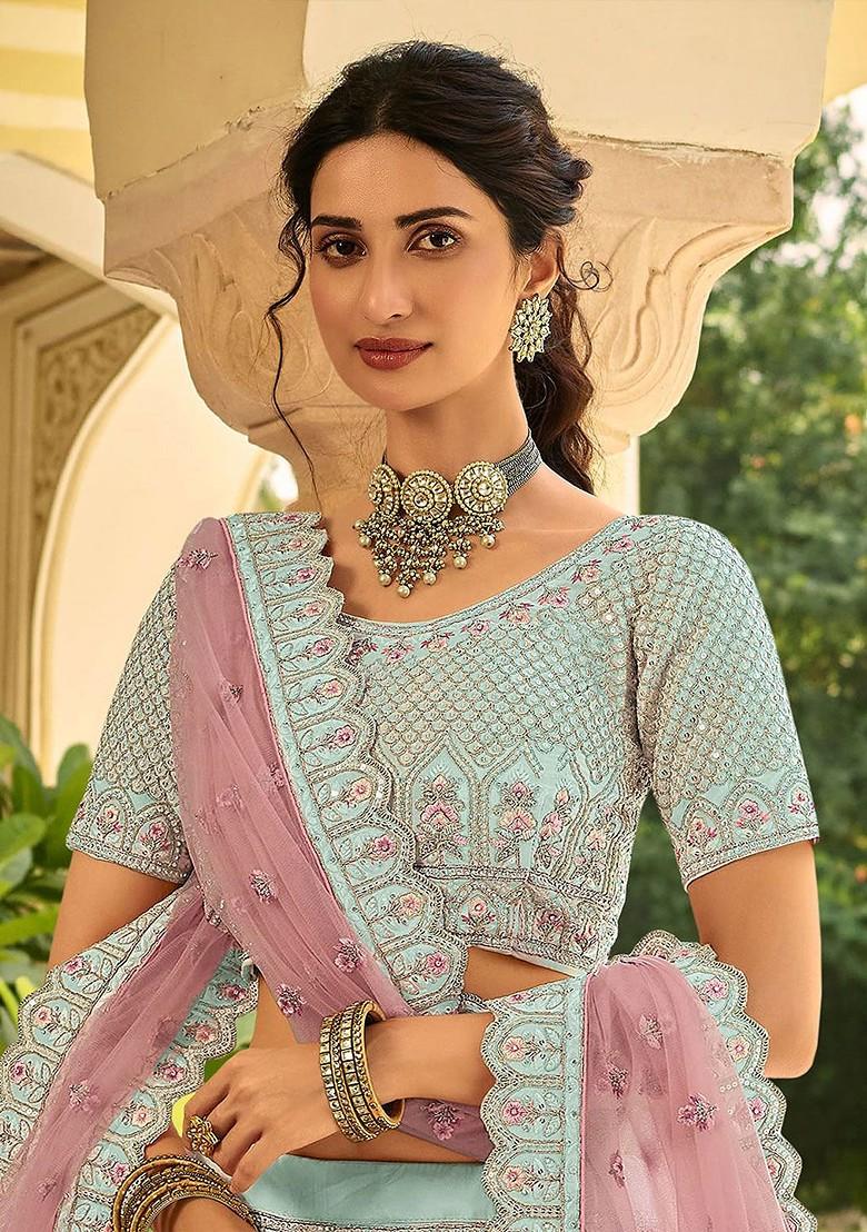 Sea Green Embroidered Poly Blend Lehenga Set