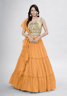 Orange Embroidered Poly Blend Lehenga Set