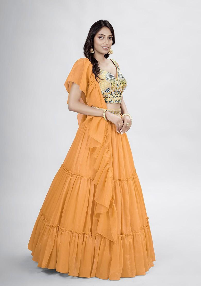 Orange Embroidered Poly Blend Lehenga Set