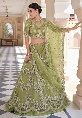 Olive Green Embroidered Poly Blend Lehenga Set