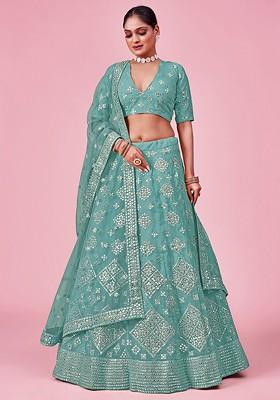 Blue Embroidered Poly Blend Lehenga Set