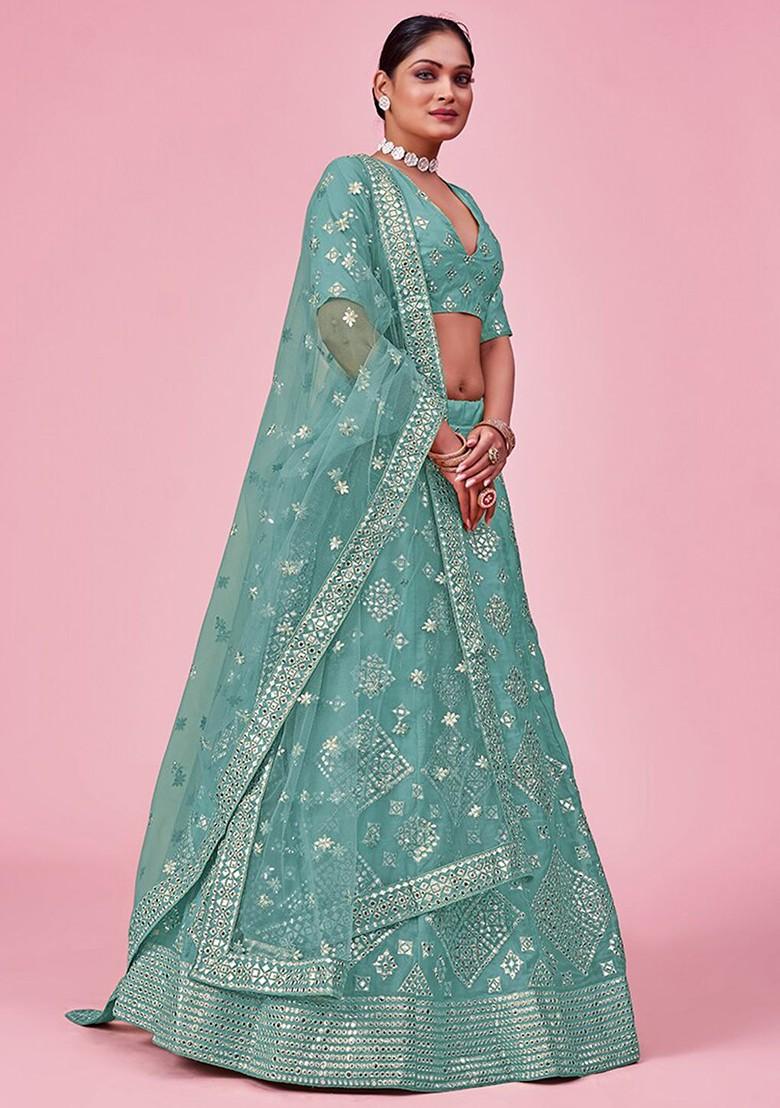 Blue Embroidered Poly Blend Lehenga Set