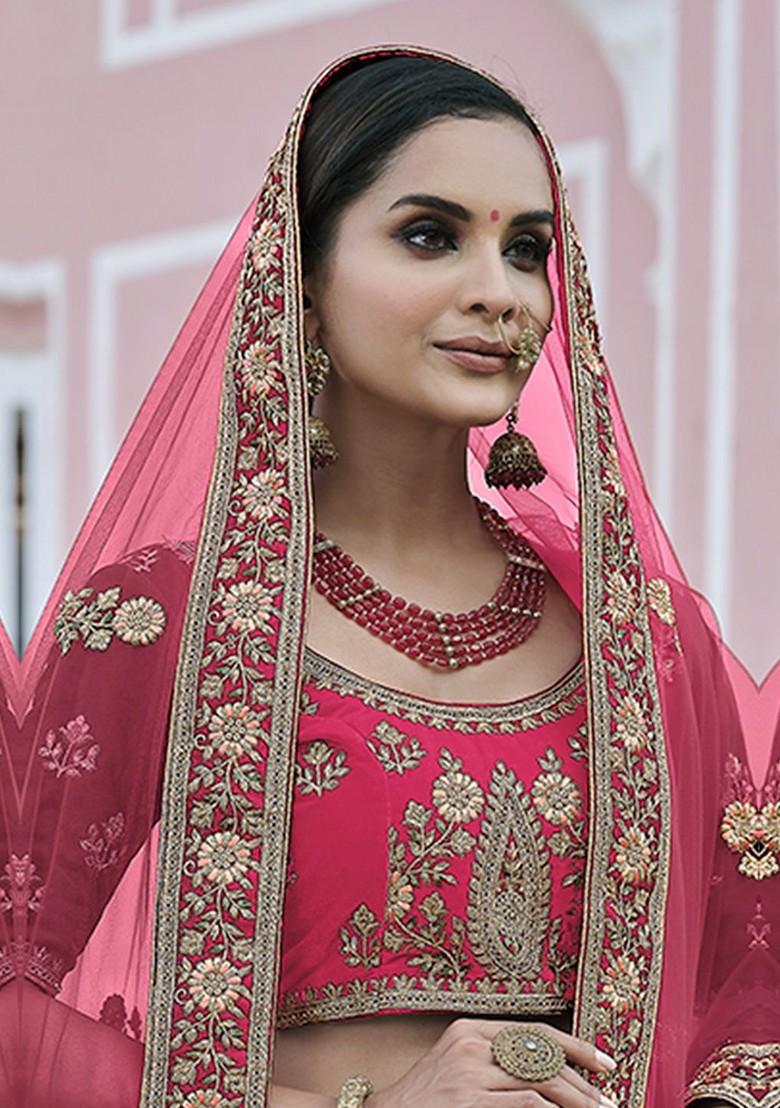Pink Embroidered Poly Blend Lehenga Set