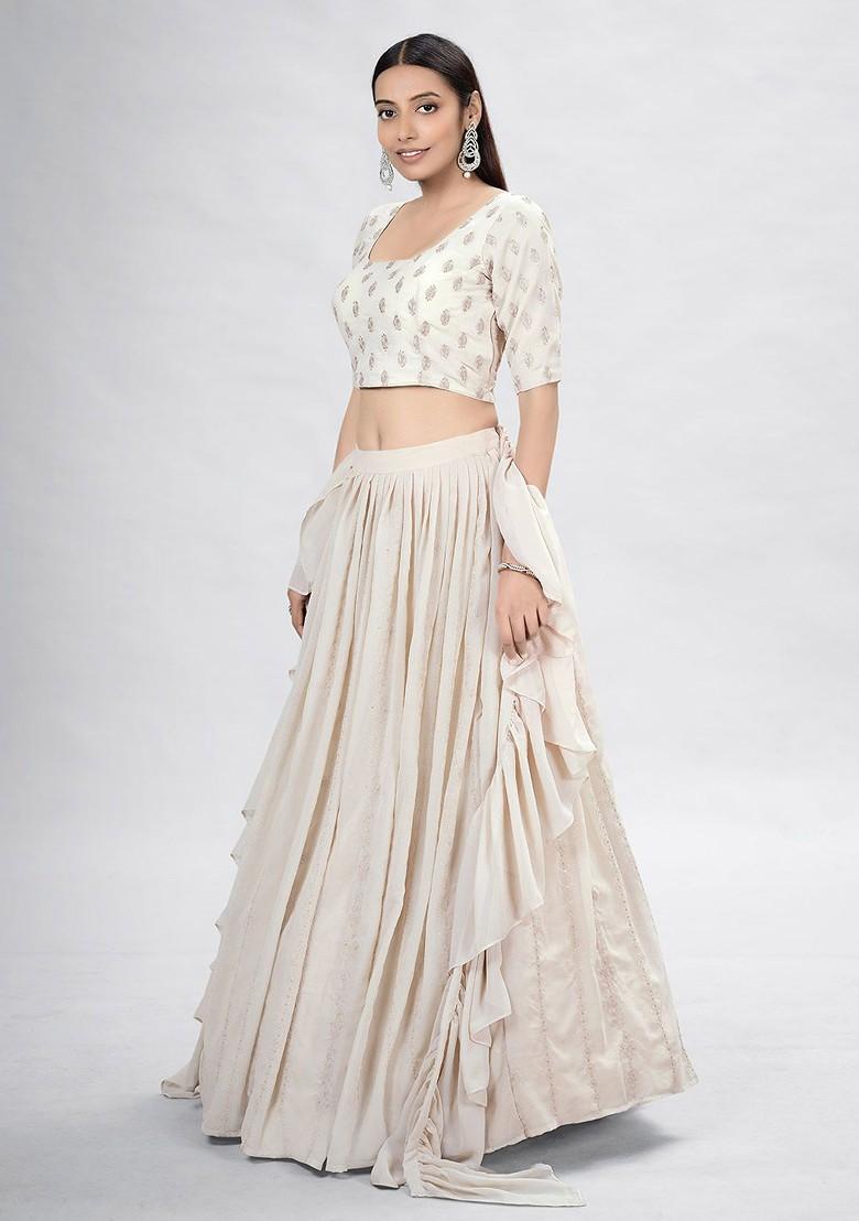Beige Embroidered Poly Blend Lehenga Set