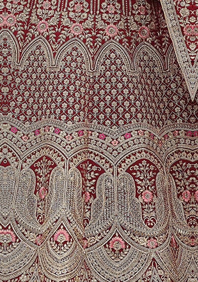 Maroon Embroidered Poly Blend Lehenga Set