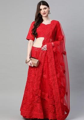 Red Embellished Poly Blend Lehenga Set