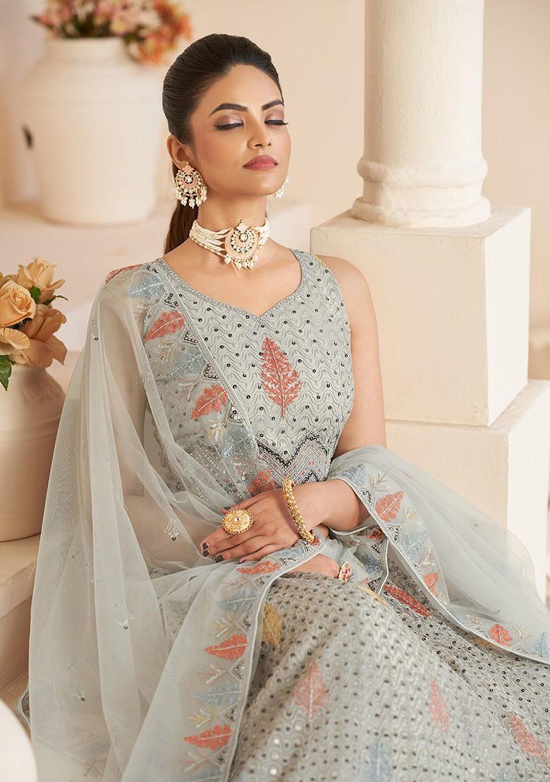 Grey Embellished Poly Blend Lehenga Set