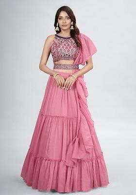 Pink Embroidered Poly Blend Lehenga Set