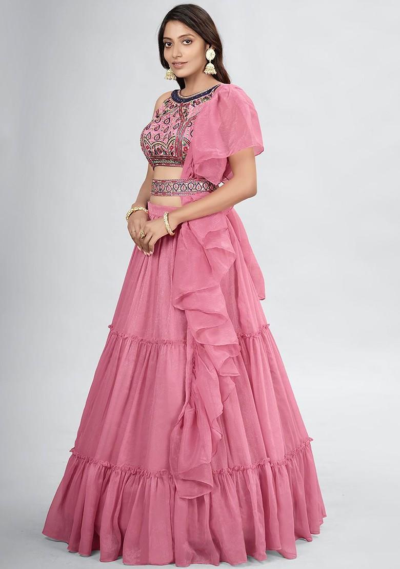 Pink Embroidered Poly Blend Lehenga Set