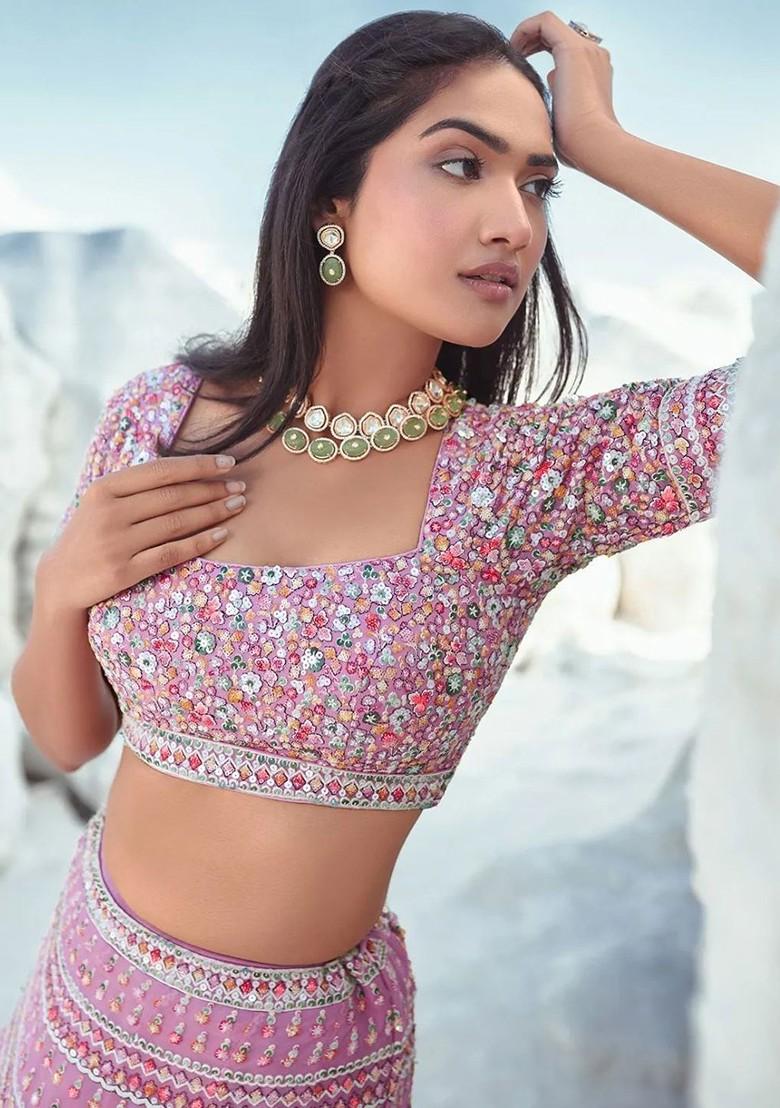 Purple Embroidered Poly Blend Lehenga Set