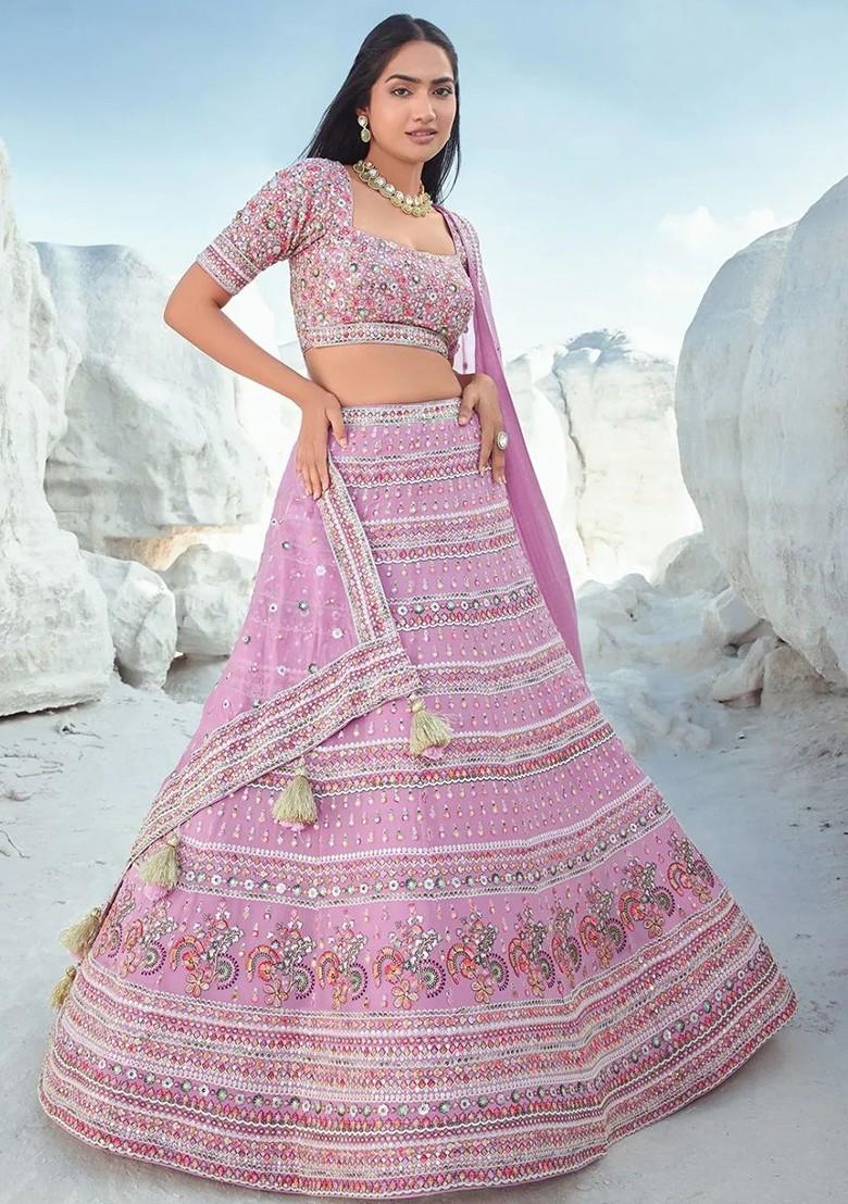 Purple Embroidered Poly Blend Lehenga Set