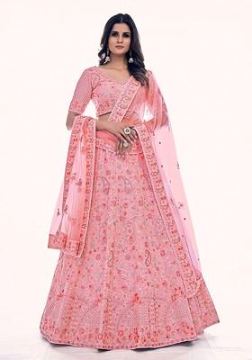 Pink Embroidered Poly Blend Lehenga Set
