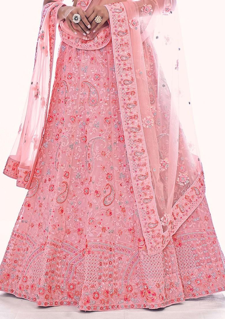 Pink Embroidered Poly Blend Lehenga Set
