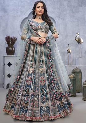 Grey Embroidered Poly Blend Lehenga Set