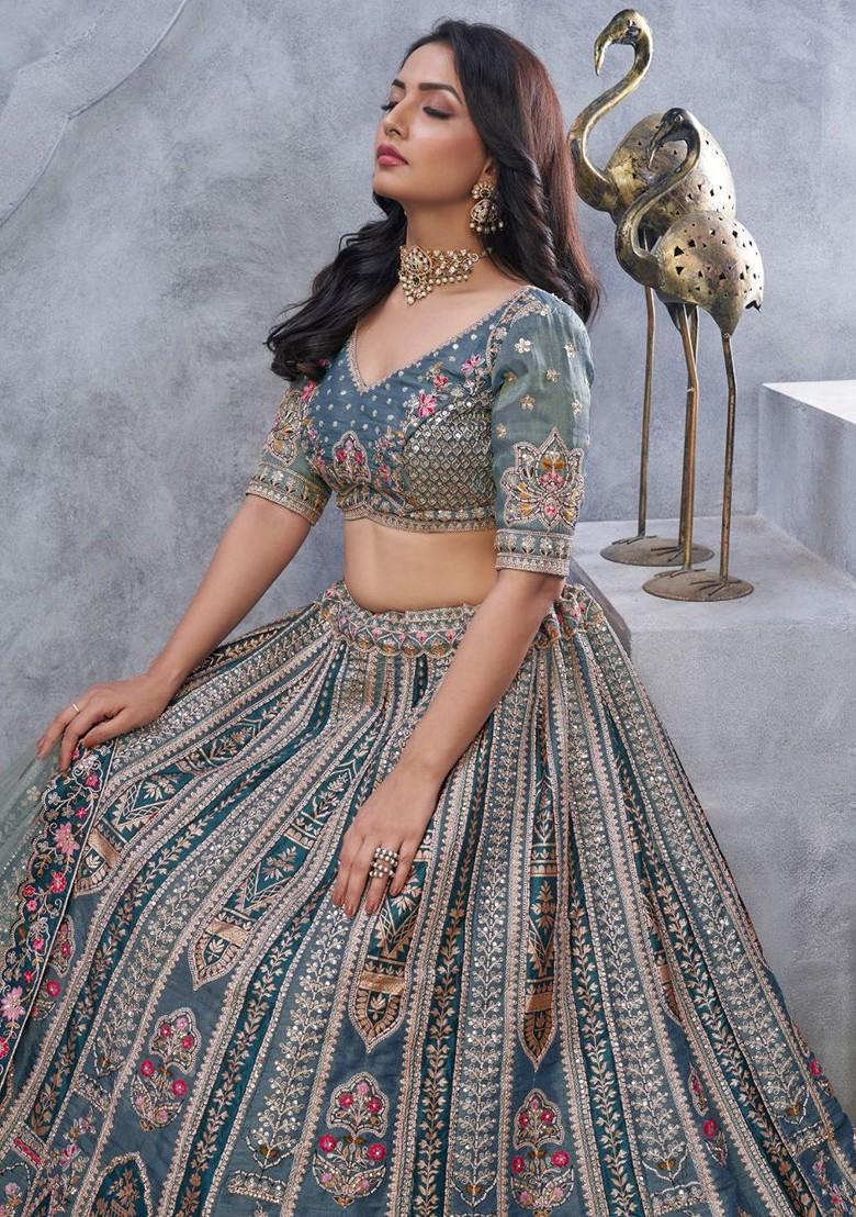 Grey Embroidered Poly Blend Lehenga Set