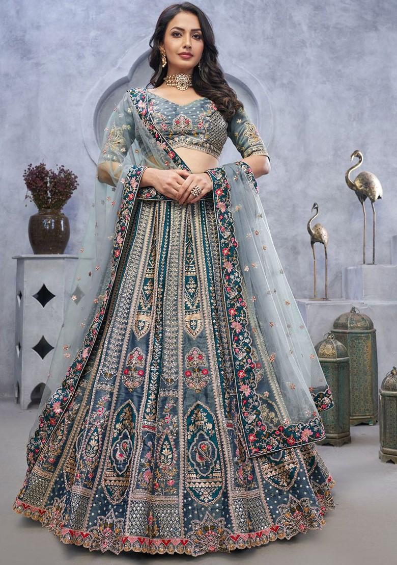 Grey Embroidered Poly Blend Lehenga Set