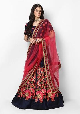 Blue Embroidered Poly Blend Lehenga Set