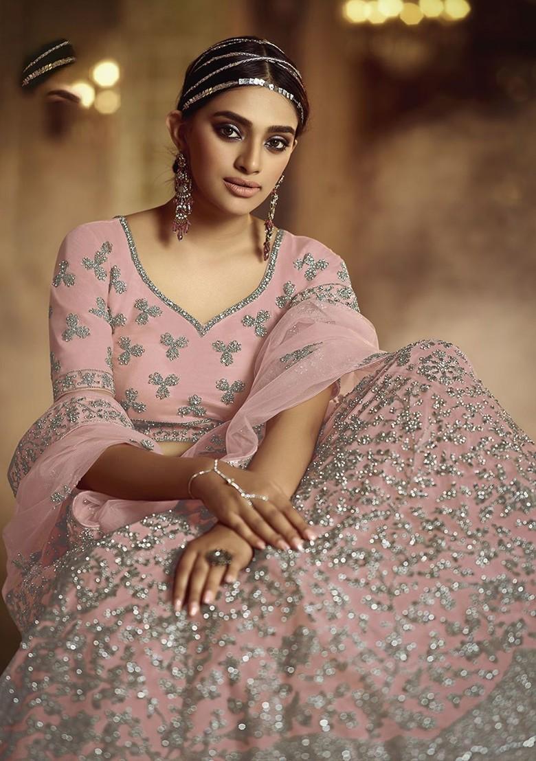 Pink Embroidered Poly Blend Lehenga Set