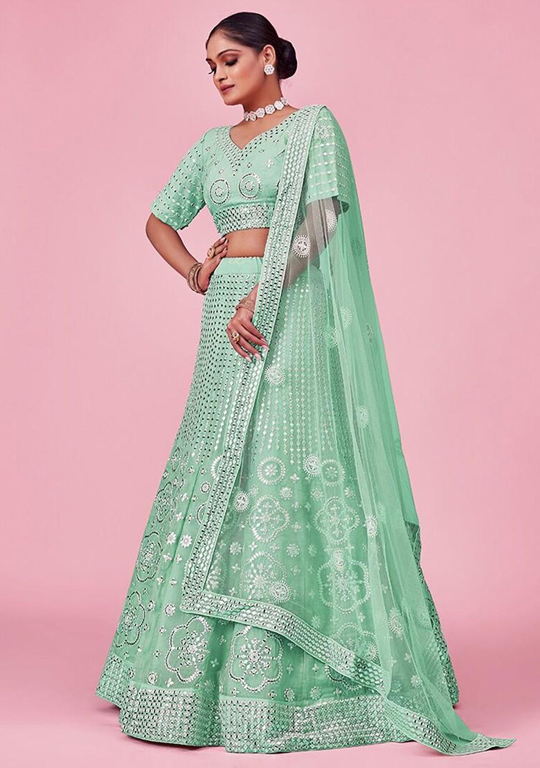 Sea Green Embroidered Poly Blend Lehenga Set