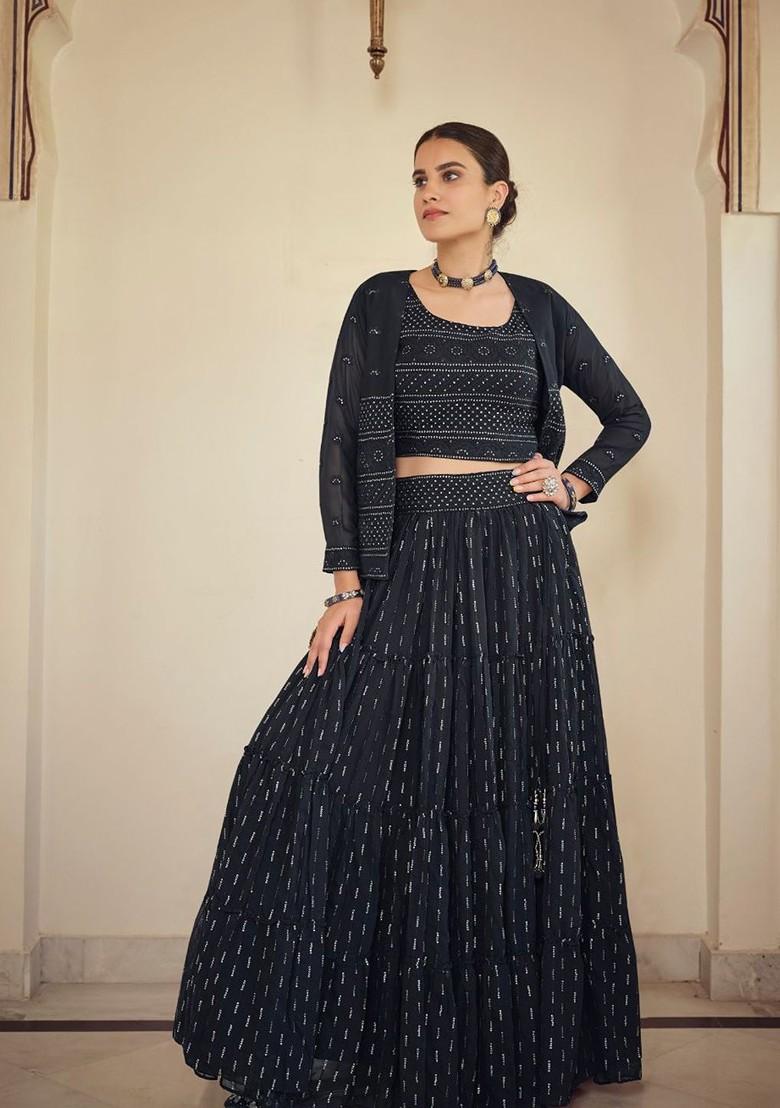 Green Embroidered Poly Blend Lehenga Set