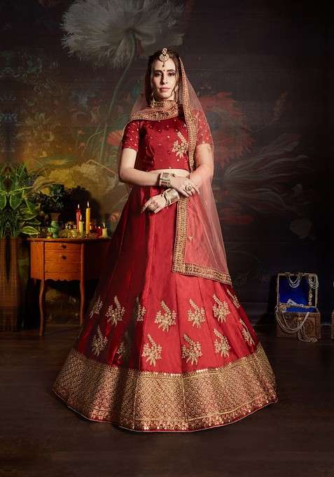 Maroon Embroidered Poly Blend Lehenga Set for Diwali and Festive Wear