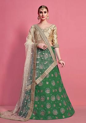 Green Embroidered Poly Blend Lehenga Set