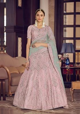 Pink Embroidered Poly Blend Lehenga Set