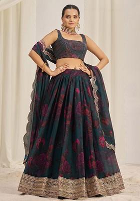 Teal Green Embroidered Poly Blend Lehenga Set