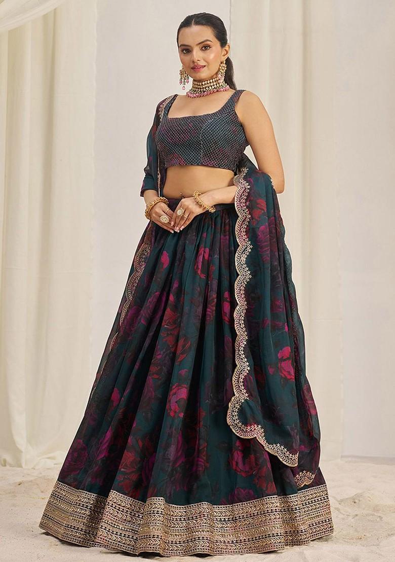 Teal Green Embroidered Poly Blend Lehenga Set