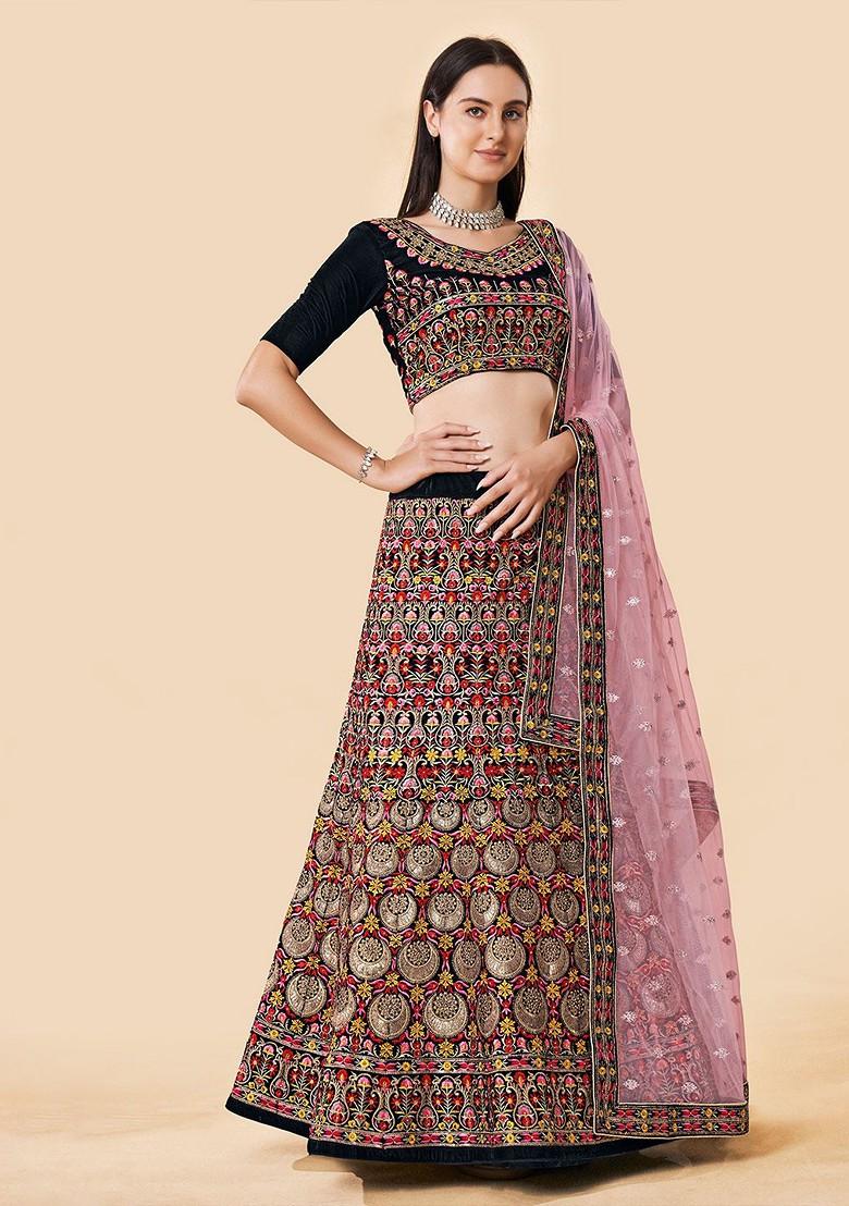 Navy Blue Embroidered Poly Blend Lehenga Set