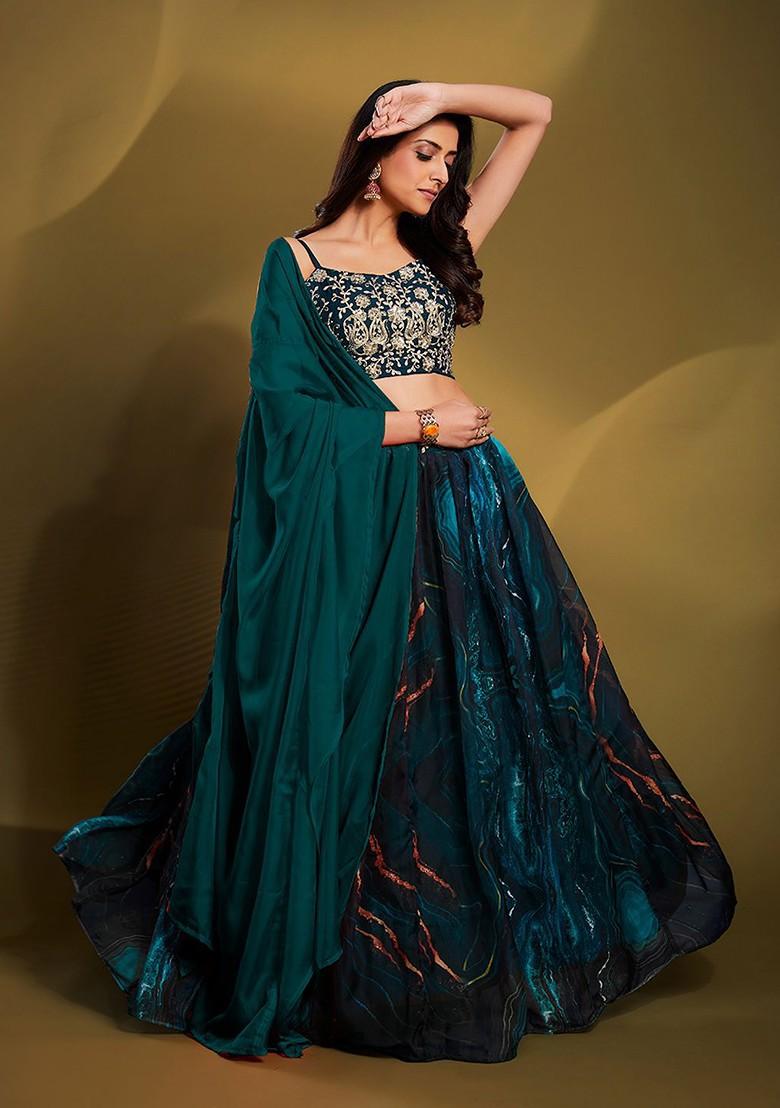 Green Embroidered Poly Blend Lehenga Set