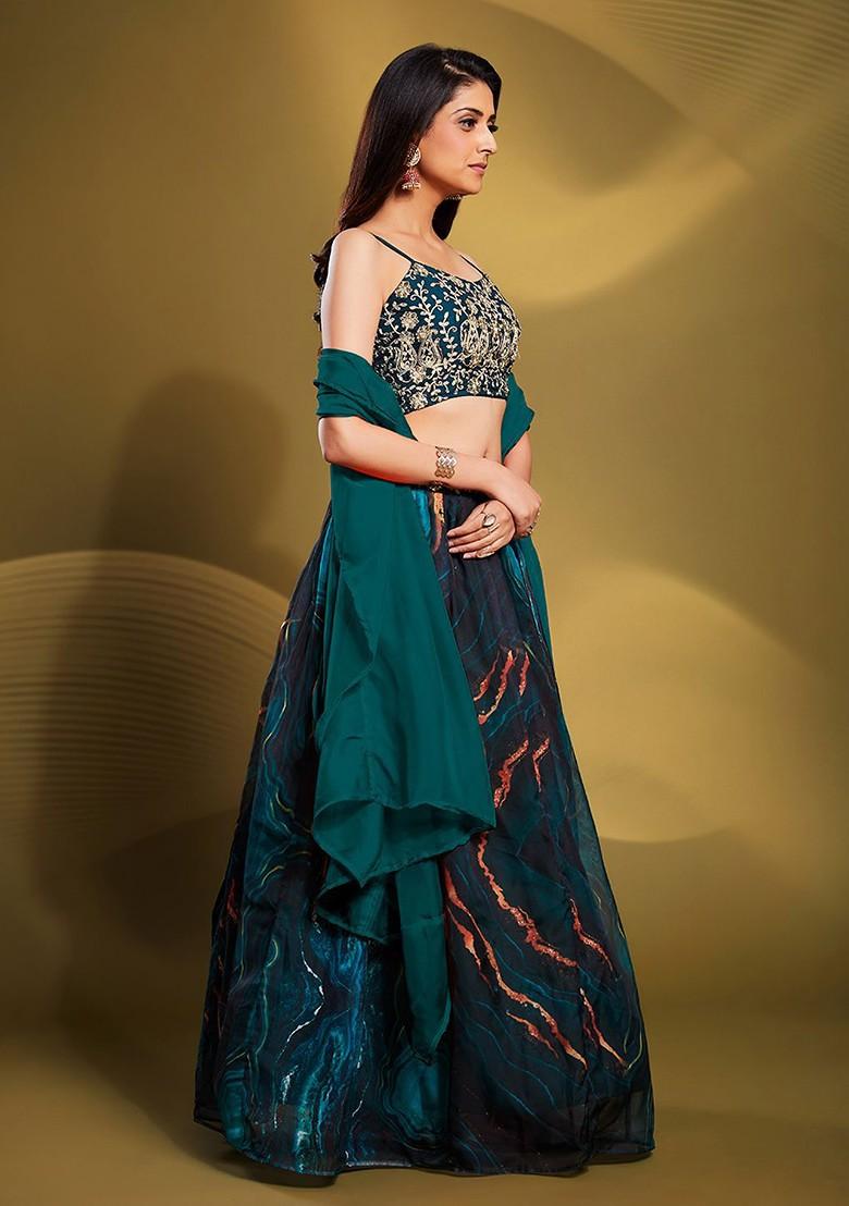 Green Embroidered Poly Blend Lehenga Set