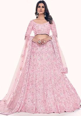 Pink Embroidered Poly Blend Lehenga Set