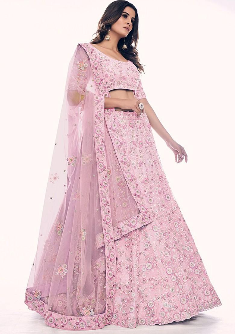 Pink Embroidered Poly Blend Lehenga Set
