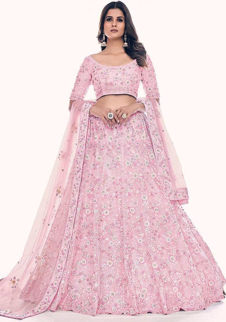 Pink Embroidered Poly Blend Lehenga Set