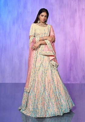 Off White Embroidered Poly Blend Lehenga Set