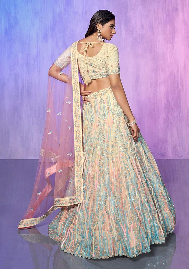 Off White Embroidered Poly Blend Lehenga Set