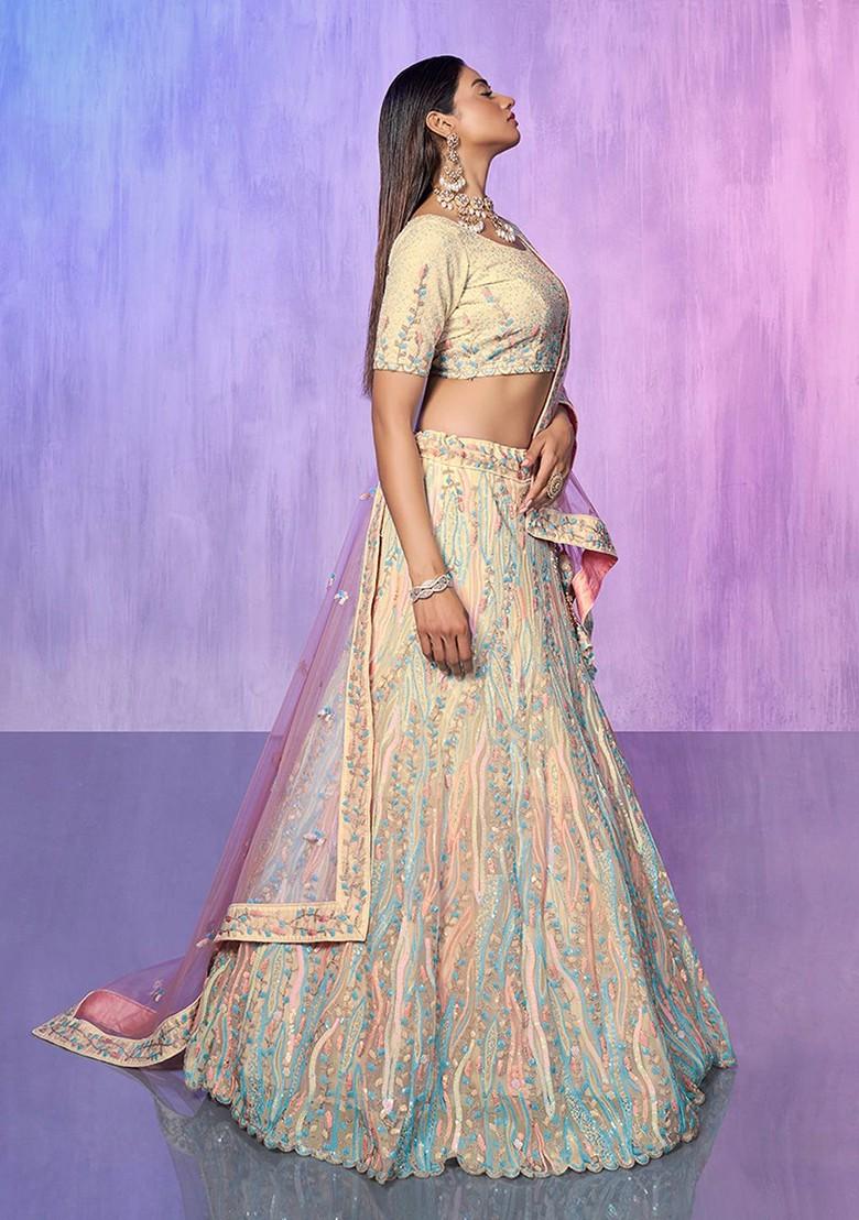 Off White Embroidered Poly Blend Lehenga Set