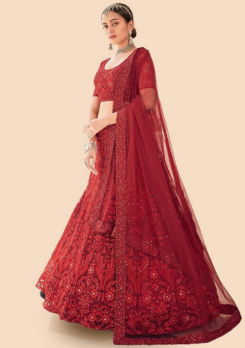 Maroon Embroidered Poly Blend Lehenga Set