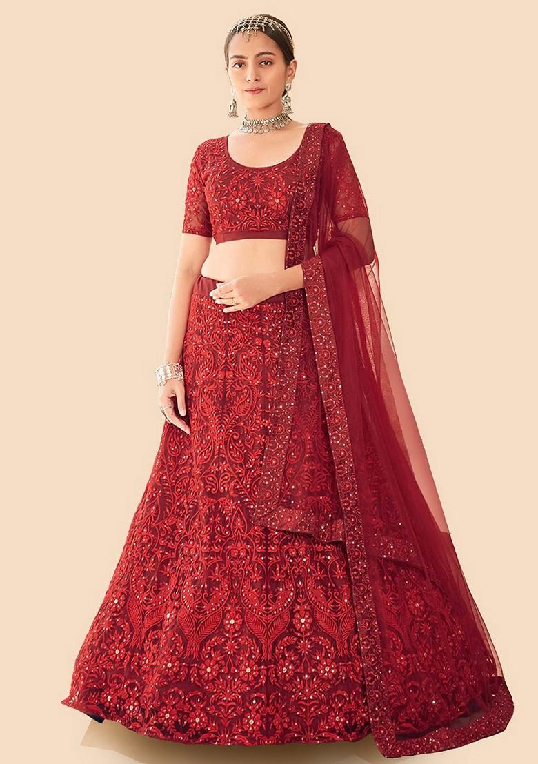 Maroon Embroidered Poly Blend Lehenga Set