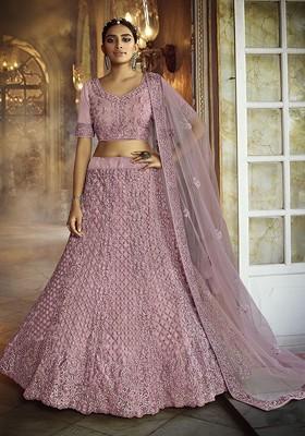 Pink Embroidered Poly Blend Lehenga Set