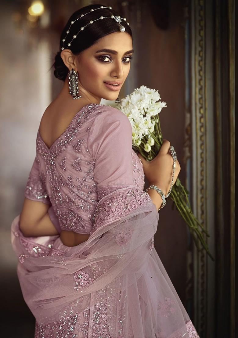 Pink Embroidered Poly Blend Lehenga Set