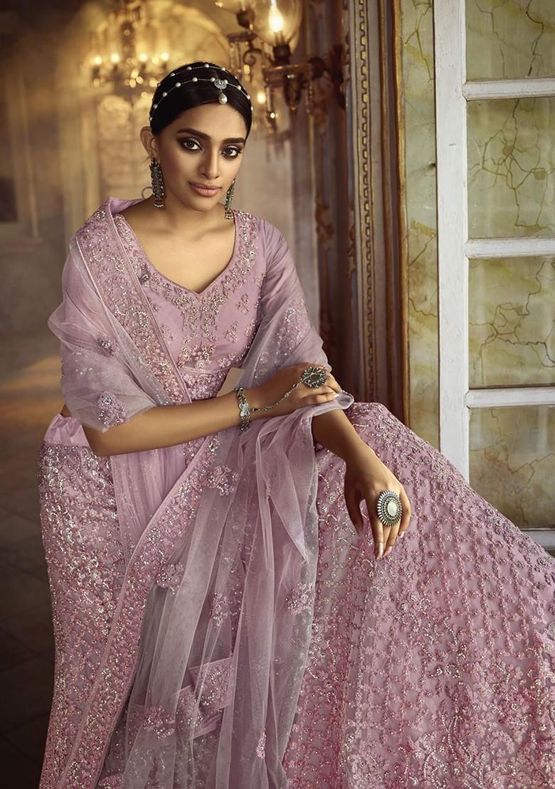 Pink Embroidered Poly Blend Lehenga Set