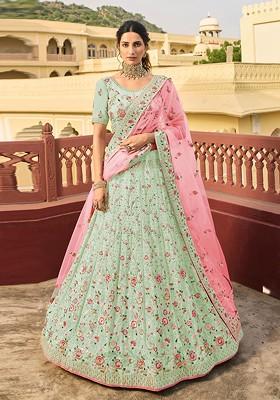 Green Embroidered Poly Blend Lehenga Set