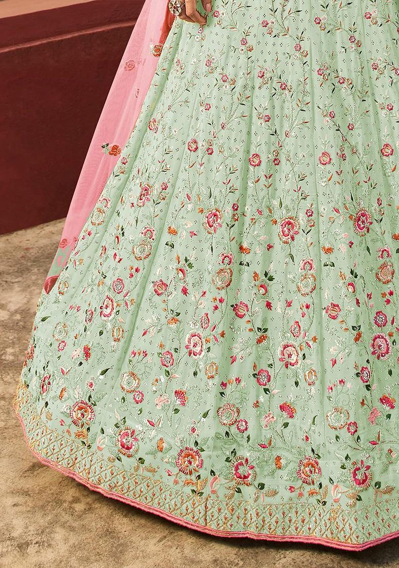 Green Embroidered Poly Blend Lehenga Set