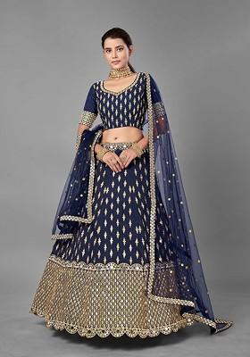 Navy Blue Embroidered Poly Blend Lehenga Set
