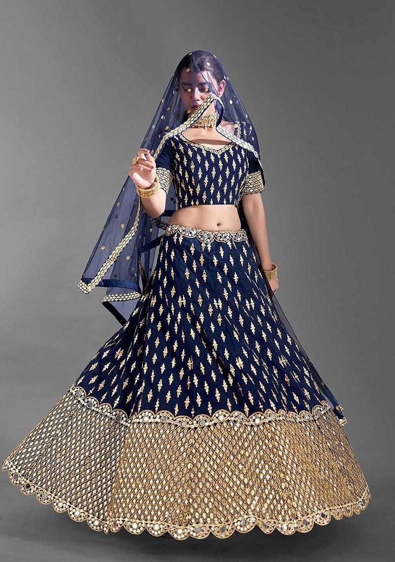 Navy Blue Embroidered Poly Blend Lehenga Set