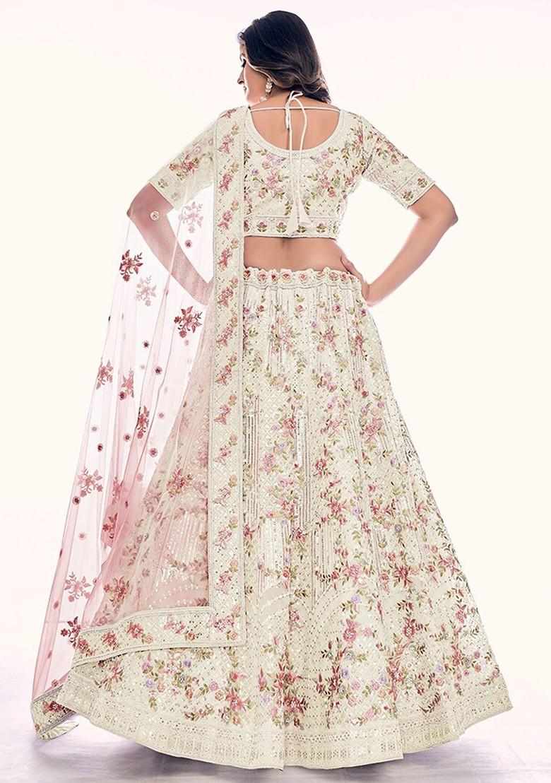 Off White Embroidered Poly Blend Lehenga Set
