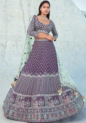 Purple Embroidered Poly Blend Lehenga Set
